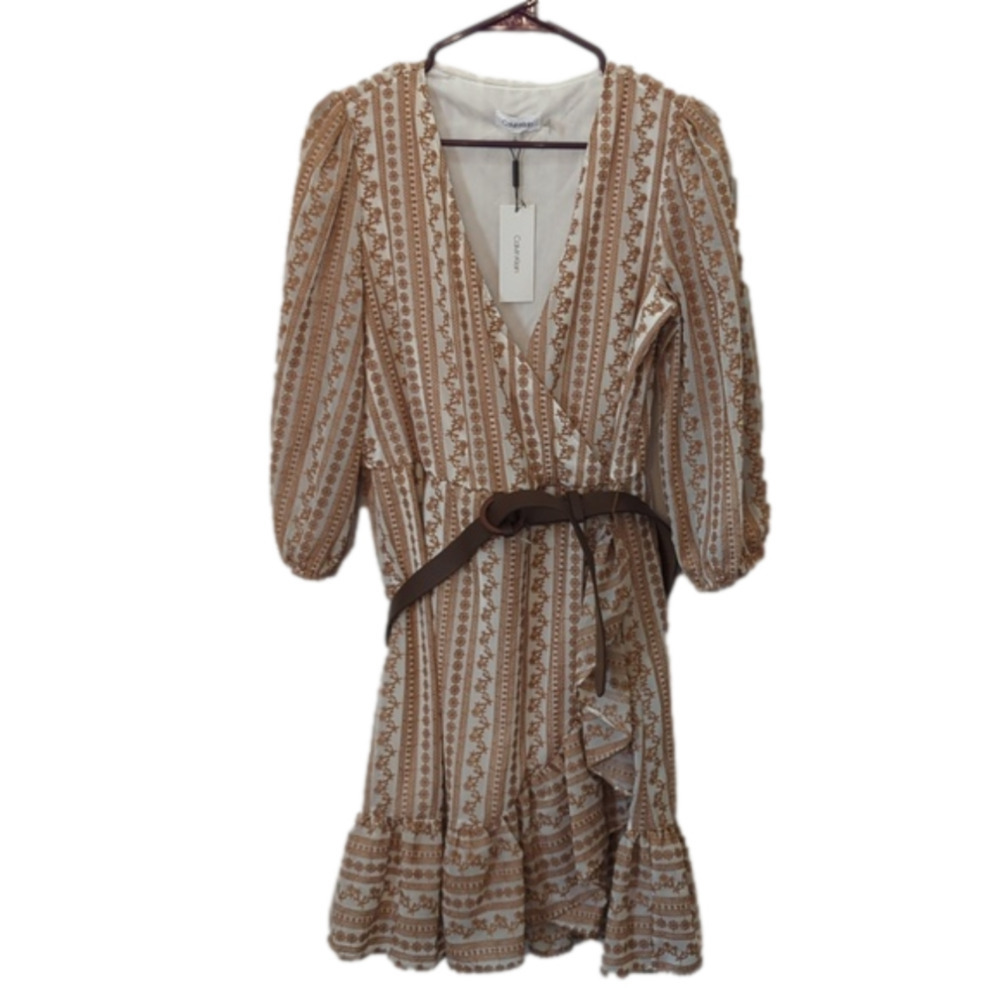Nwt Calvin Klein Lace V-Neck 3/4 Sleeve Belted Ruffle Dress Faux Wrap (SIZE S)